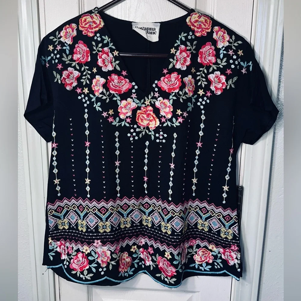 Savanna Jane Black Top with Pink Floral Embroidery small